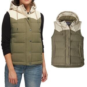 PATAGONIA Bivy Hooded Duck Down Vest in Olive Cream Size XS